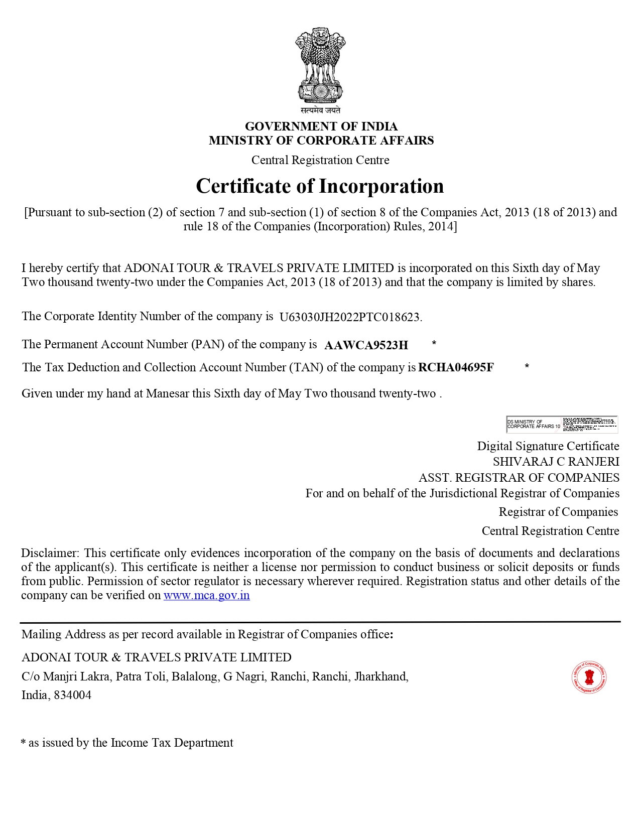 Certificate of incorporation